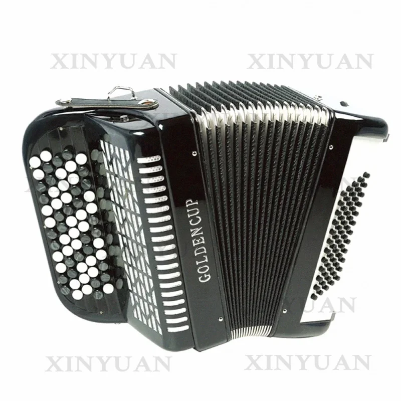 Diatonic Button Accordion JB5072, 62 Buttons 72 Bass 37 Tones Wood Instrument with Black Celluloid Surface