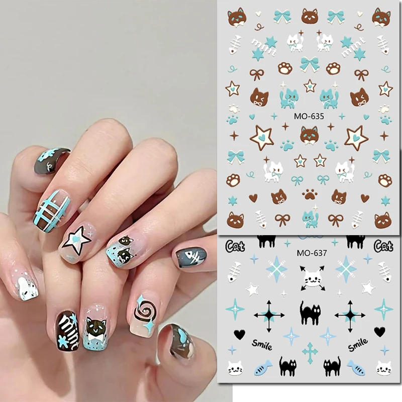 5D Embossed Nail Art Decals Blue Coffee Cute Cats Bears Stars Hearts Nails Stickers Decorations For Manicure