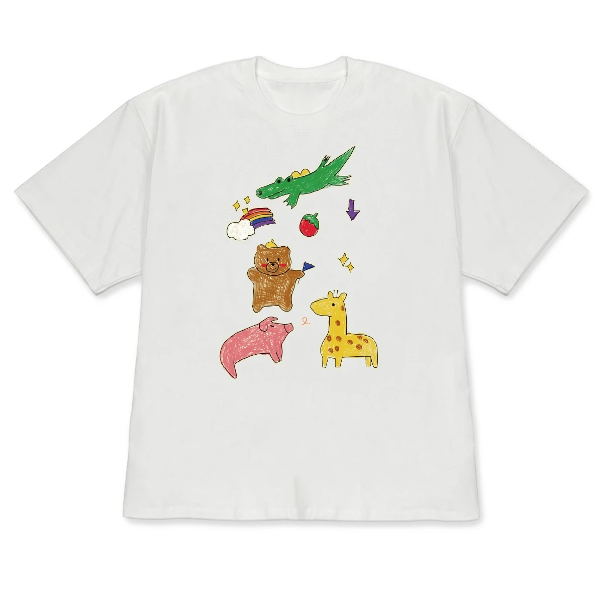 Cute Korean Fashion Crayon Zoo Print Tee Versatile Short Sleeve Women Colorful Hand Drawn Animals Crew Neck Minimalist Loose Tee