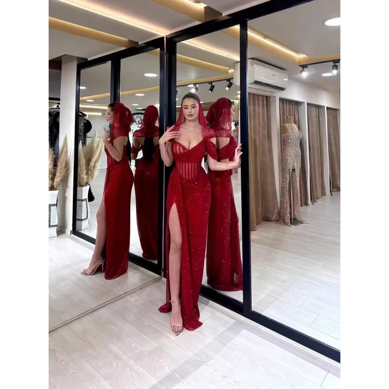 

New Arrival Women's Company Annual Meeting Strapless Red Ruched Mesh Patchwork Slim Fit Sexy Evening Dress