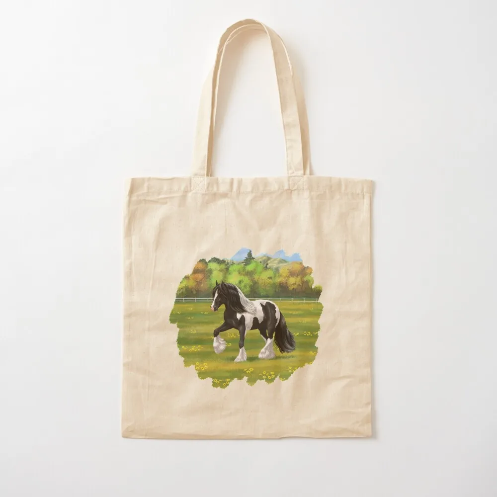 

Черная большая сумка Pinto Piebald Gypsy Vanner Irish Cob Draft Horse Tote Bag, тканевая сумка на заказ, холщовая сумка для покупок