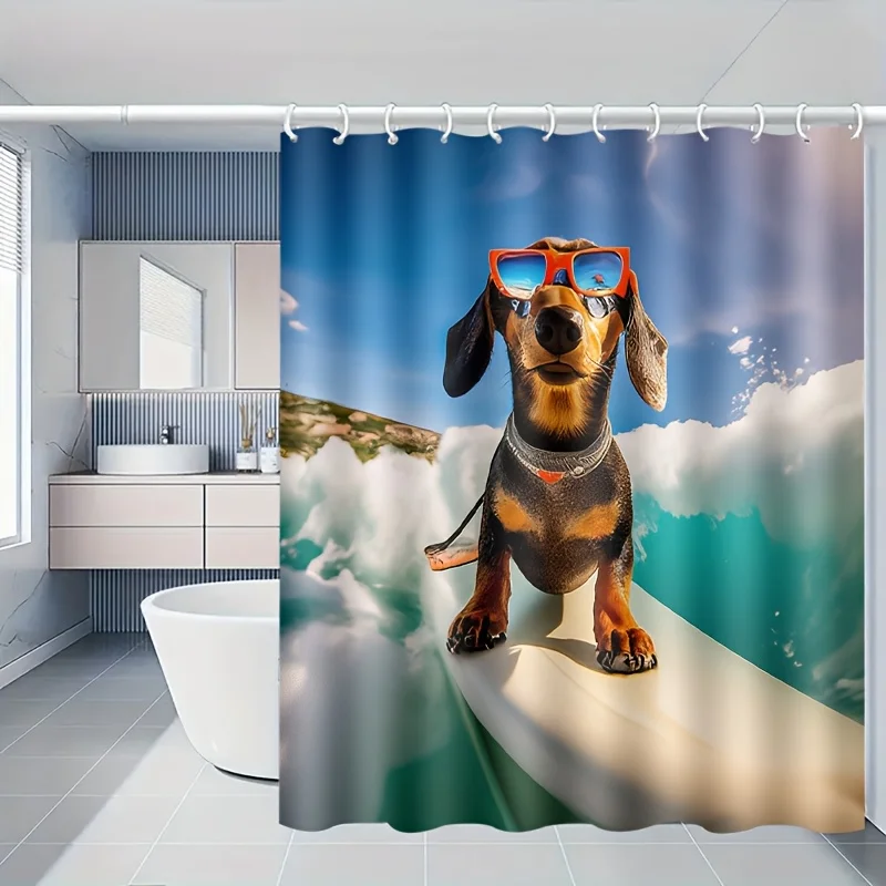 Funny Dachshund Surfing Shower Curtain, Cute Dog with Sunglasses Bathroom Decor, Waterproof Polyester Fabric Bath Screen