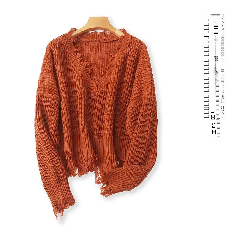 

Loose Long Sve V-Ne Sweater Punk Sle Women's Faion Autumn Winter New Arrival Tassel Hole Sweater Casual Streetwear