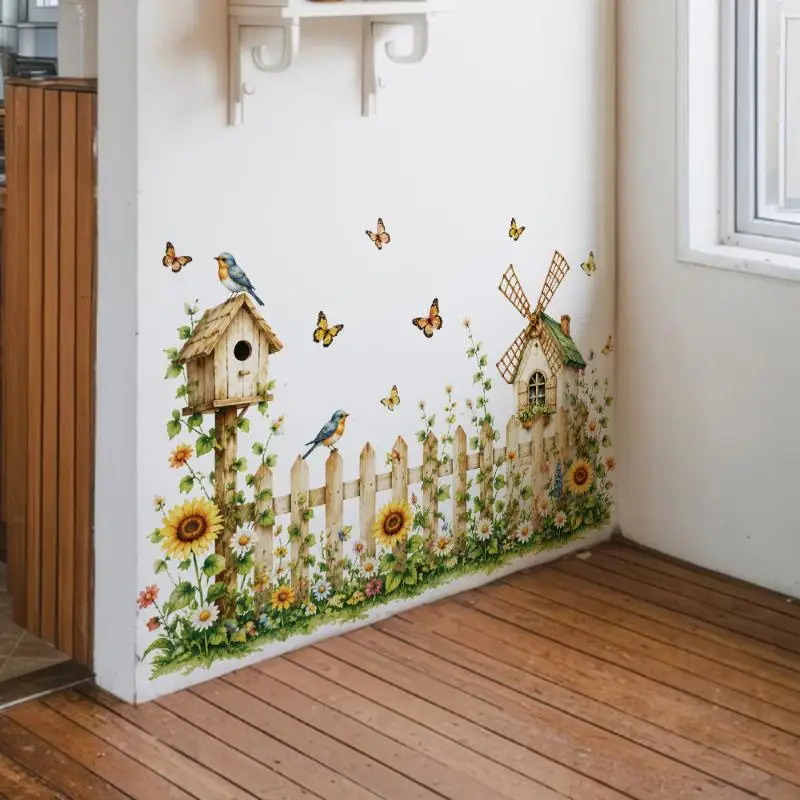 Sunflower Garden Fence Wall Decals, Yellow Sunflower Butterfly Baseboard Stickers, Floral Border for Kitchen Living Room Home