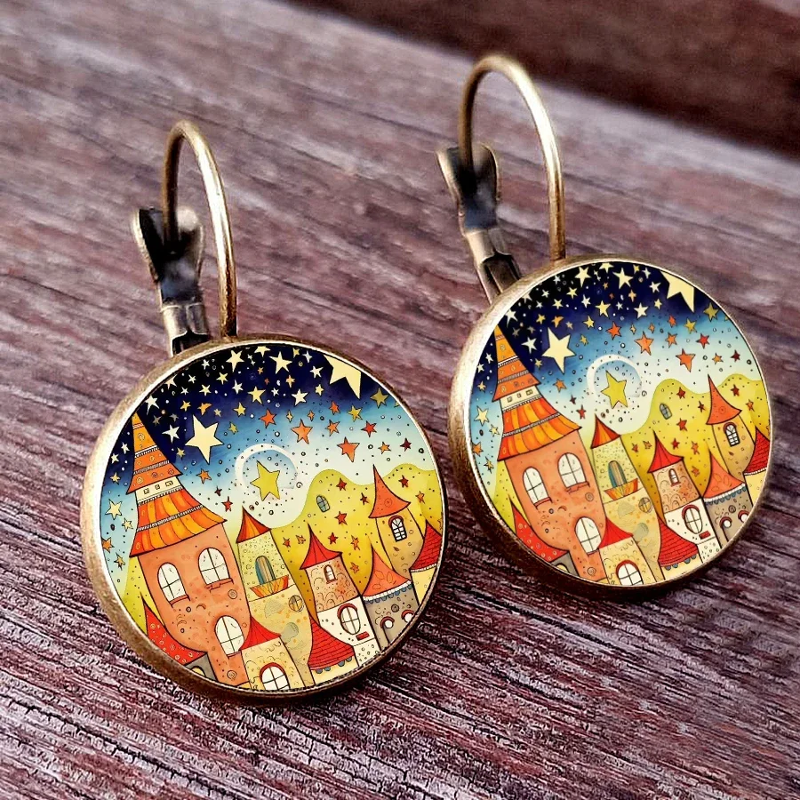 Dream castle Earrings Women Stud Earring Abstract Starlight House Oil Painting Earrings Glass Cabochon Womens Earrings jewelry