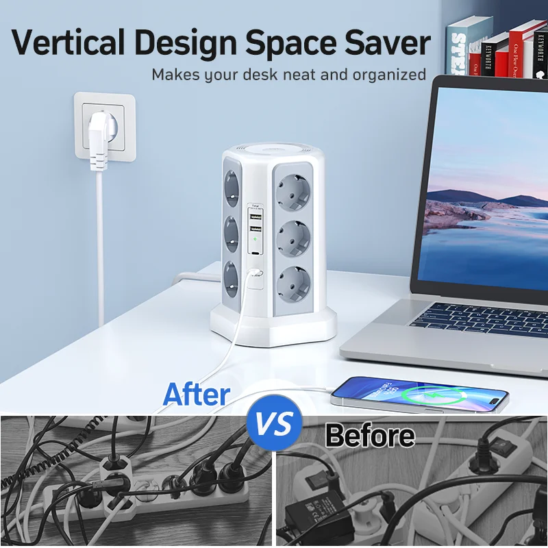 Surge Protector Multi-socket, 4000w, 16a, With 2 Usb A And 2 Usb C Ports, 2m Extension Cable, Gray Model With Night Light