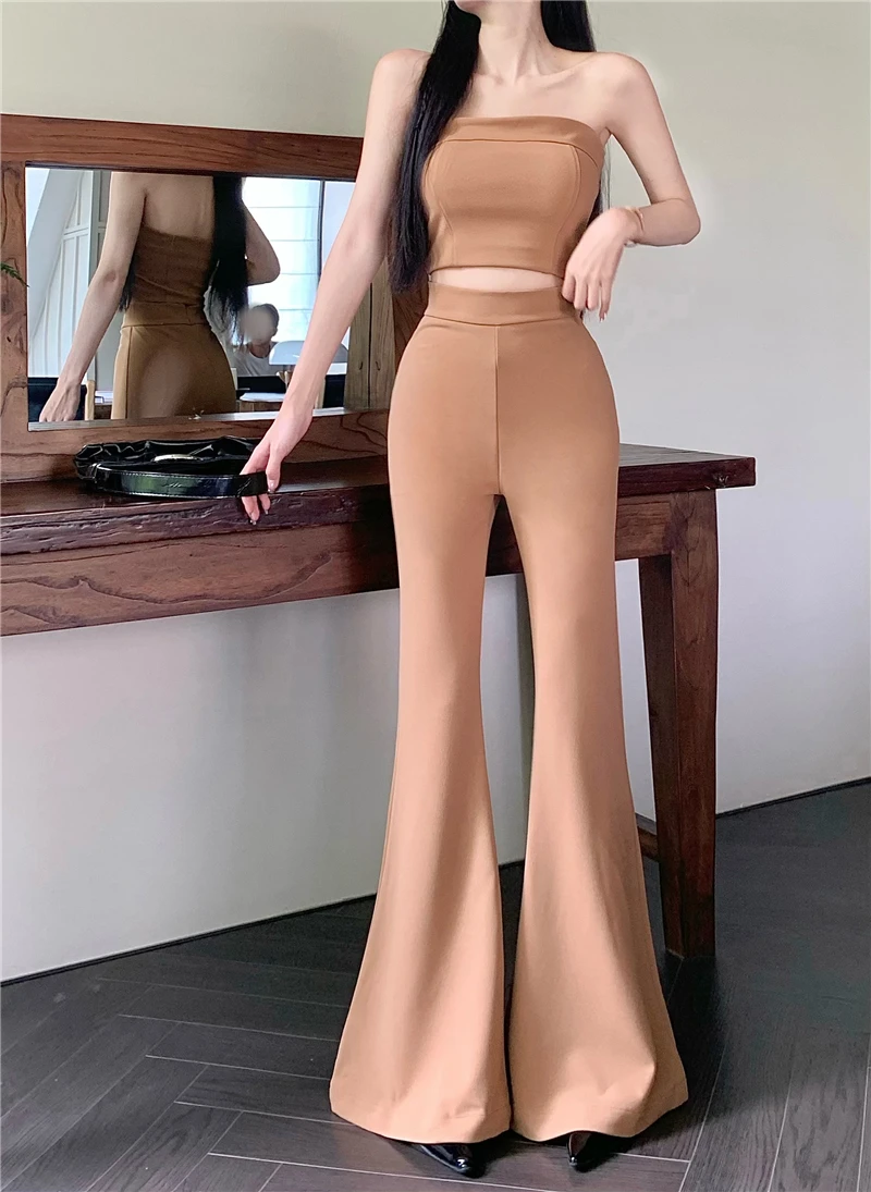 

Two Piece Set Women Sexy Strapless Crop Tops + High Waist Long Flare Pants Suits 2024 New Summer Female Clothing