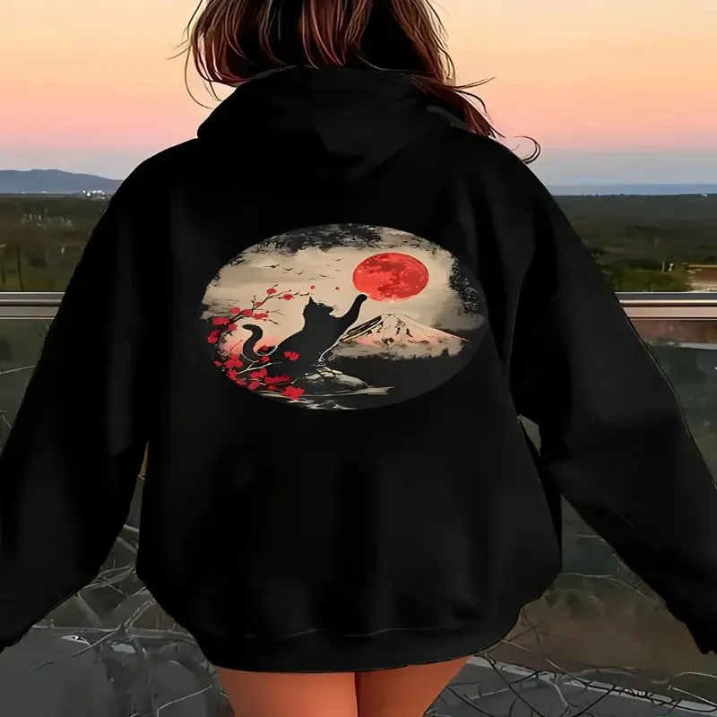 

Женское пальто с капюшоном и рисунком кота, красной луны, легкое пальто, можно стирать в машине, осенне-зимний сезон, верхняя одежда, уличная одежда на каждый день