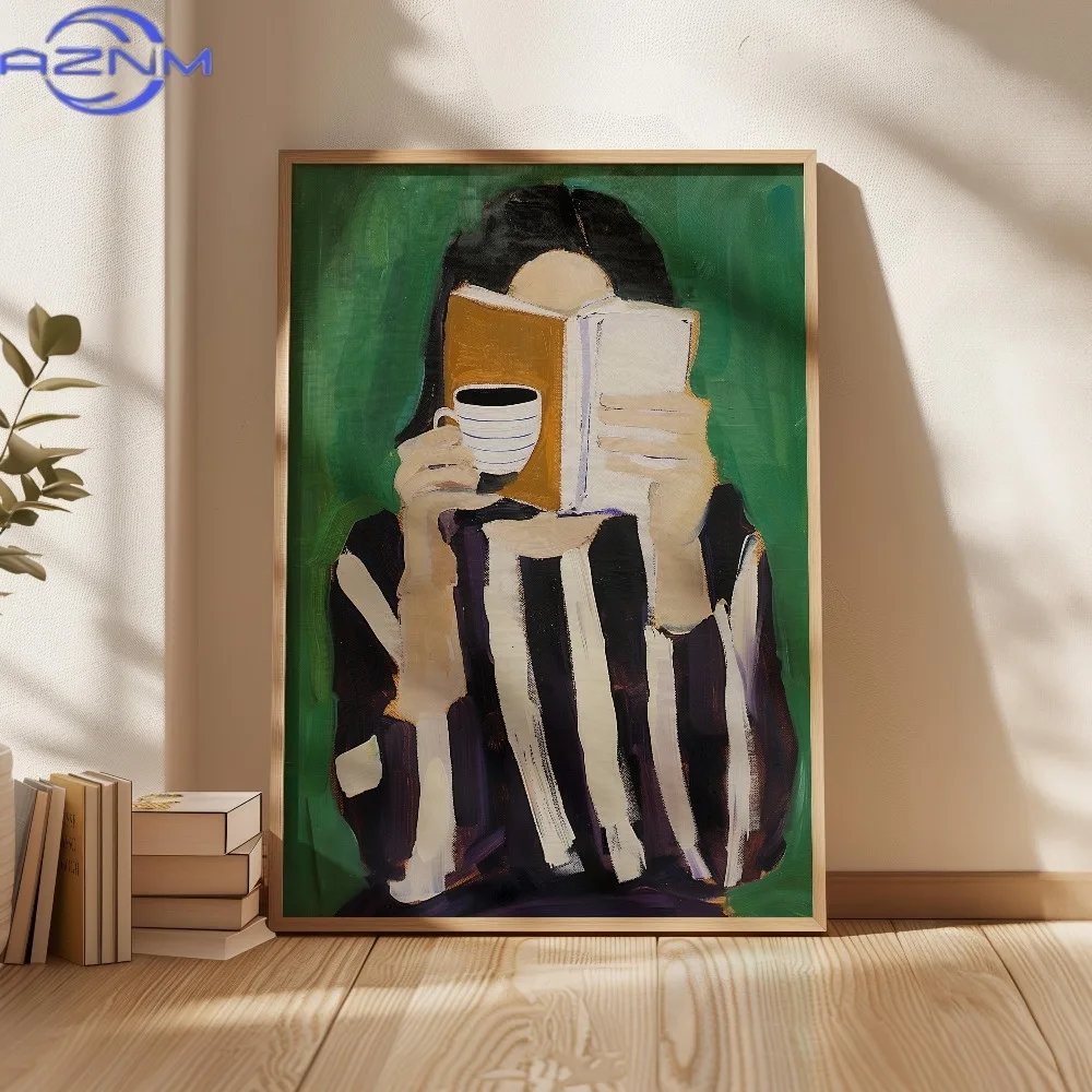 reading woman art print | book poster | feminine cozy wall art | bold orange art print | abstract contemporary portrait art |
