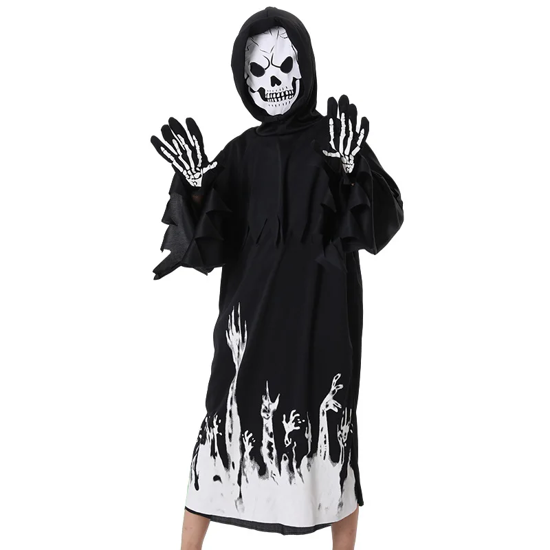 Halloween Grim Reaper Costume with Scythe Luminous Skeleton Skull Vampire Clothes Fancy Dress Up Cosplay Scary Carnival Party