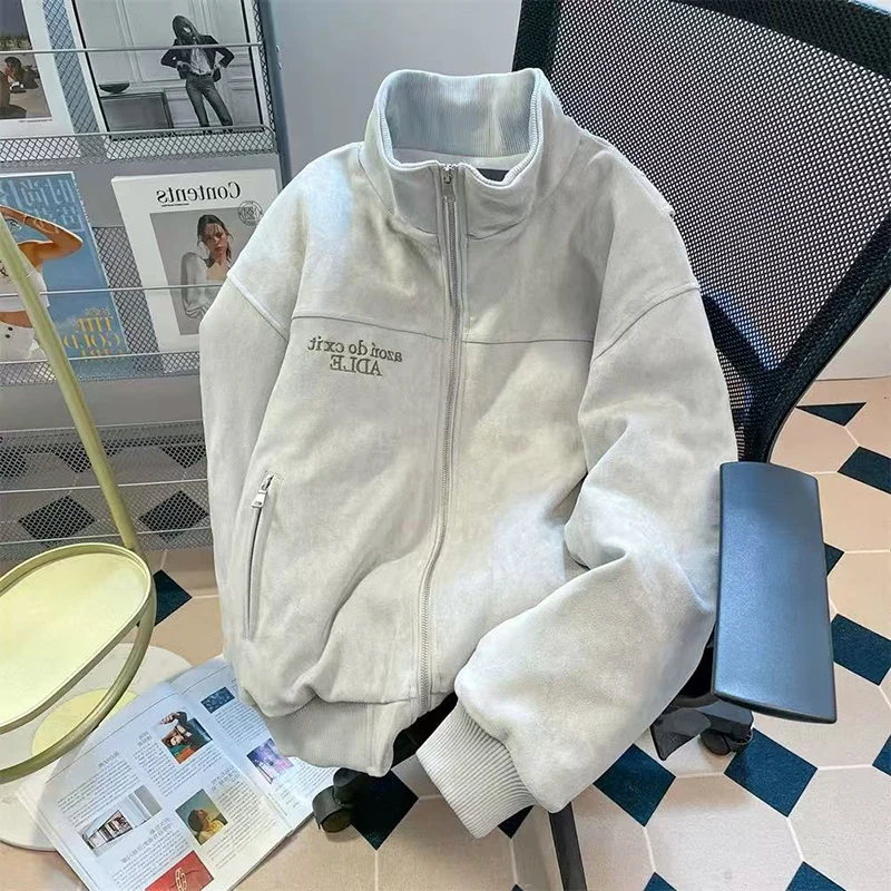 Letter Embroidery Women Baseball Jacket Y2K American Loose Streetwear Casual Coats Bf Winter Plush Thick Warm Zipper Outerwear