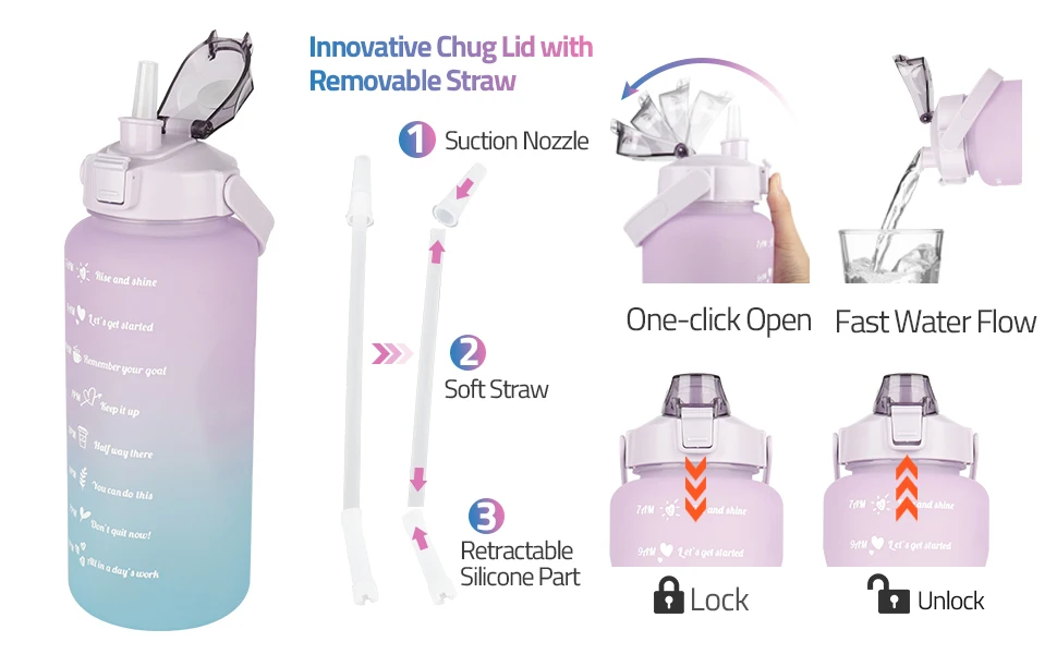 2L Wasserflasche mit Strohhalm, große Kapazität, Sportwasserflasche, Reise, Fitness, Sport, tragbare Trinkflaschen mit Zeitmarkierung – Detail 2
