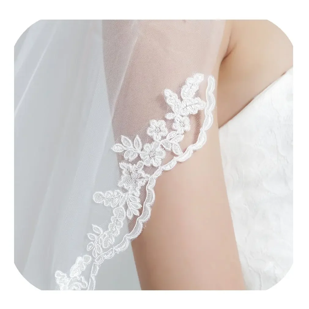 White Ivory Wedding Bridal Veil with Comb 1 Tier Lace Applique Edge Fingertip Length 36" Wedding Veils Bridal Accessories