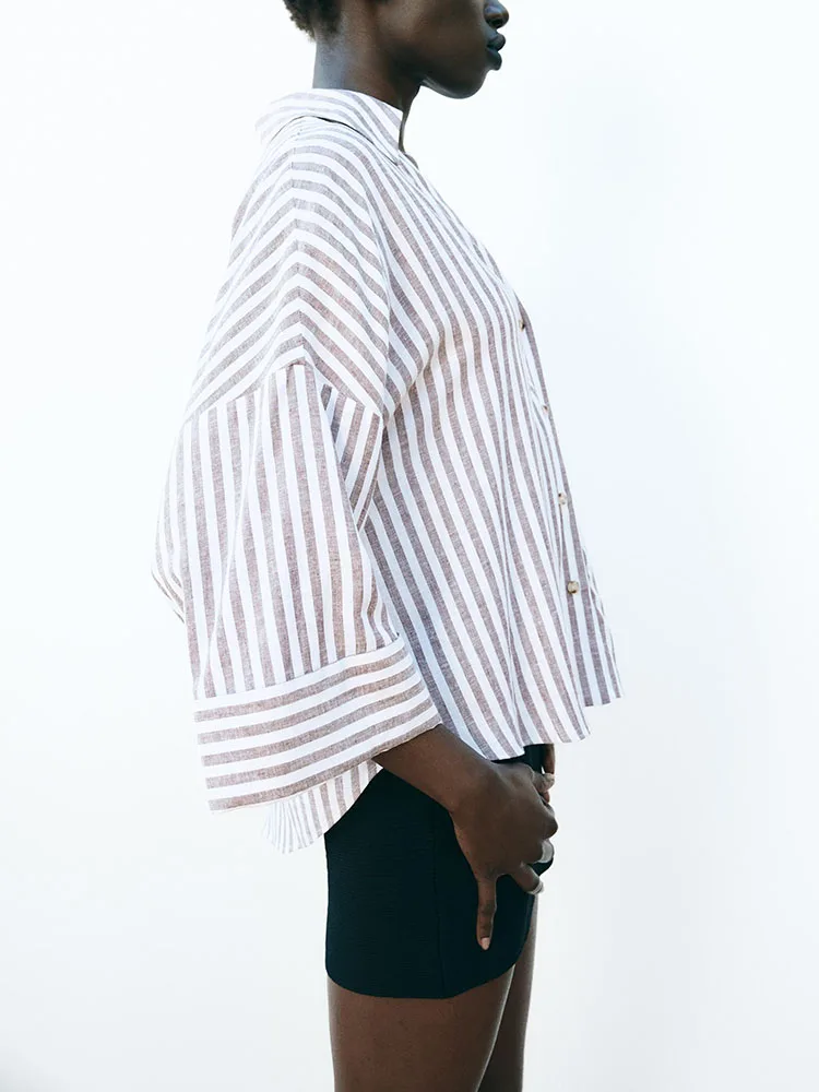 

Spring New Arrival Casual Versatile Mixed Fiber Wide Sve Simple Casual irt Women's Loose Fit Long Sve Ne Strip...