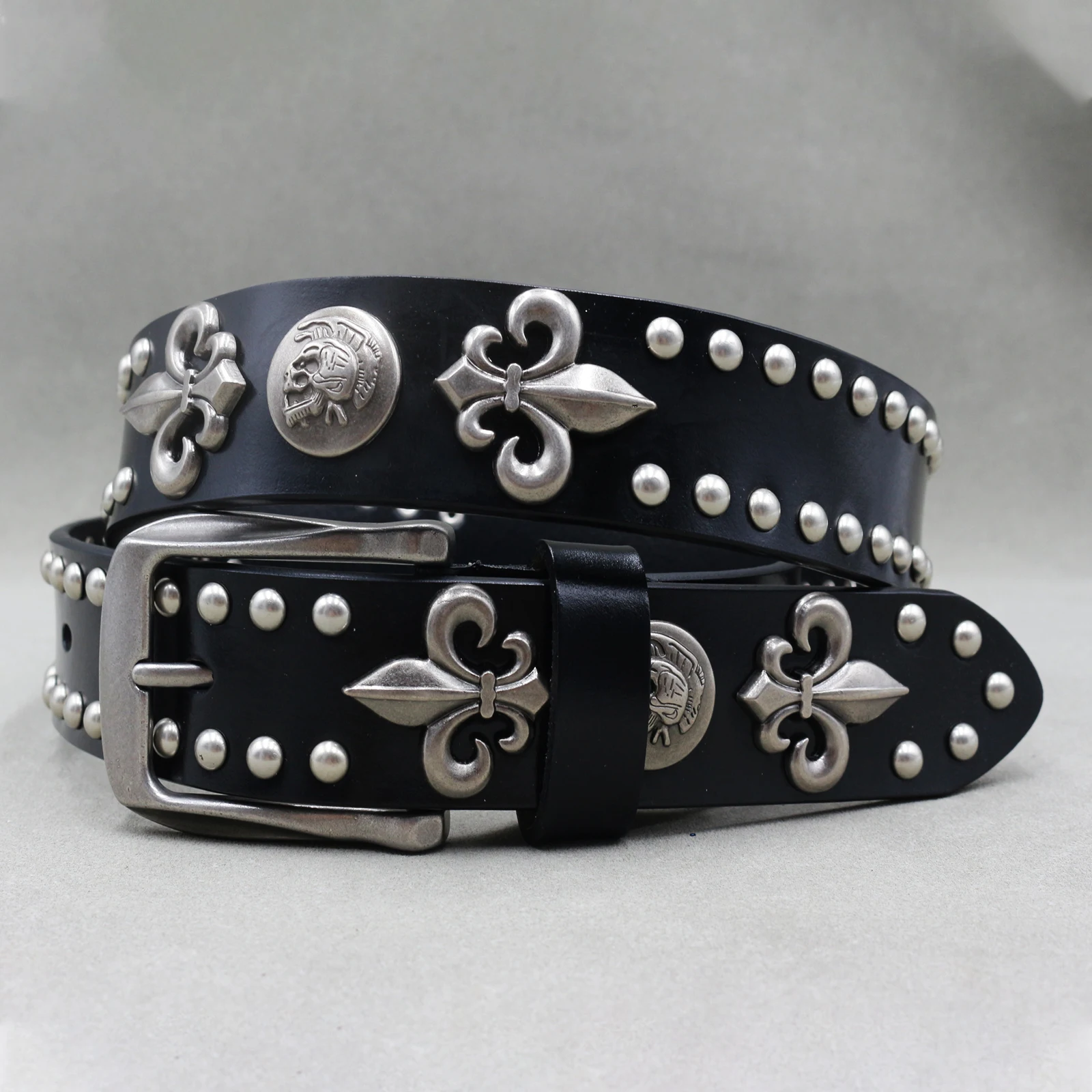 Pure cowhide Skull round studded belt Fashion trend Unisex studded belt High quality punk casual women's lace-up jeans