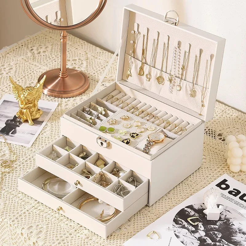 European Style Diamond-Shaped Leather Three-Layers Drawer Jewelry Storage Box Jewelry Case Bedroom Dressing Table Jewelry box