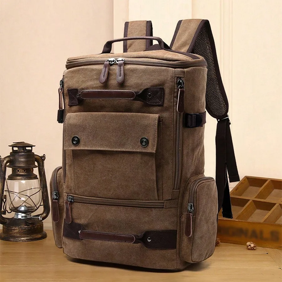2026 Fashion Men's Canvas Backpack Outdoor Large-Capacity Laptop Bag Travel Multifunctional Storage Bag Casual Trendy Backpack