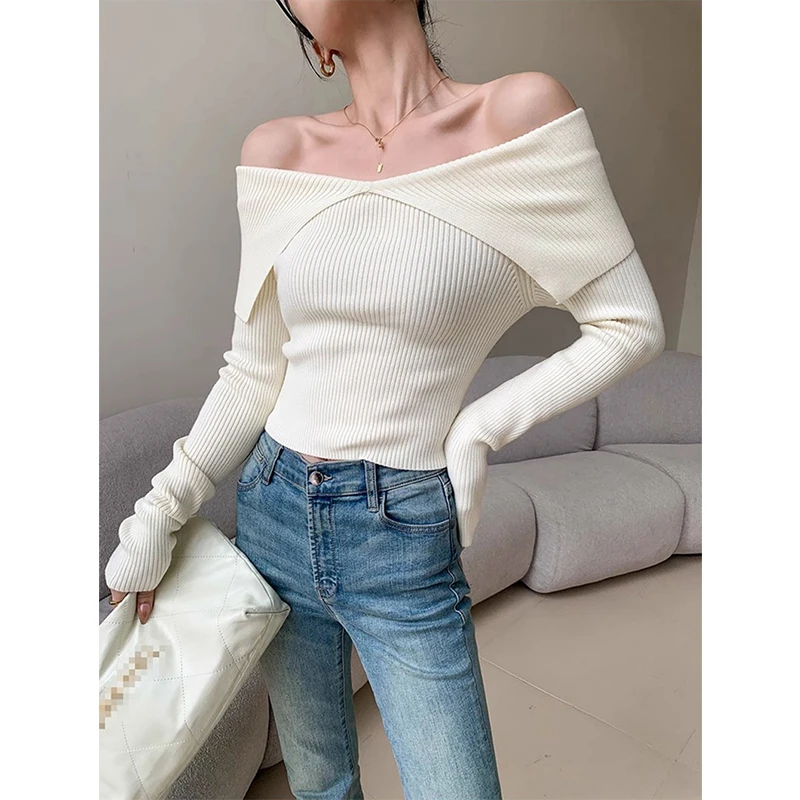 MEXZT Slash Neck Sweater Women Sexy Cropped Off Shoulder Knitted Pullovers Korean Elegant Black Knitwear Winter Ladies Jumpers