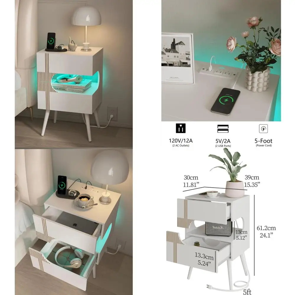 

Modern LED-lit Nightstand with Charging Dock and 2 Drawers, White Solid Wood, Contemporary Bedside Table