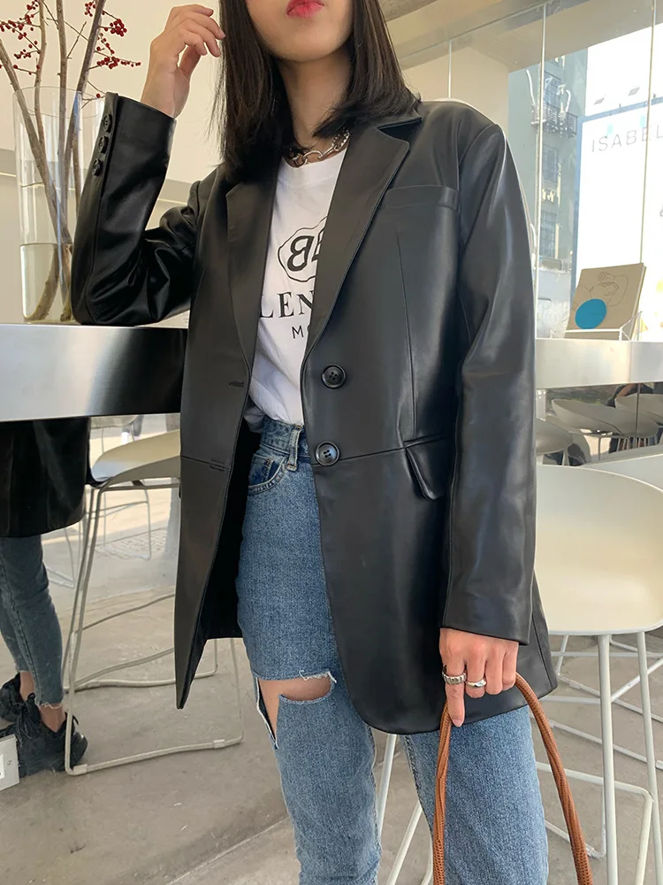 

2024 New Women Genuine Leather Jackets Fashion Lady Spring Overcoat Korean Cool Real Sheepskin Outwear Med-long Suit Clothing