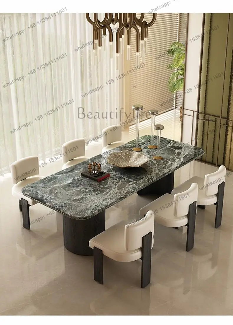 LJY Emerald Green Marble Dining Table, Mid-Century Modern Luxury Stone Long Table, Waterproof & Anti-bacterial, Customizable