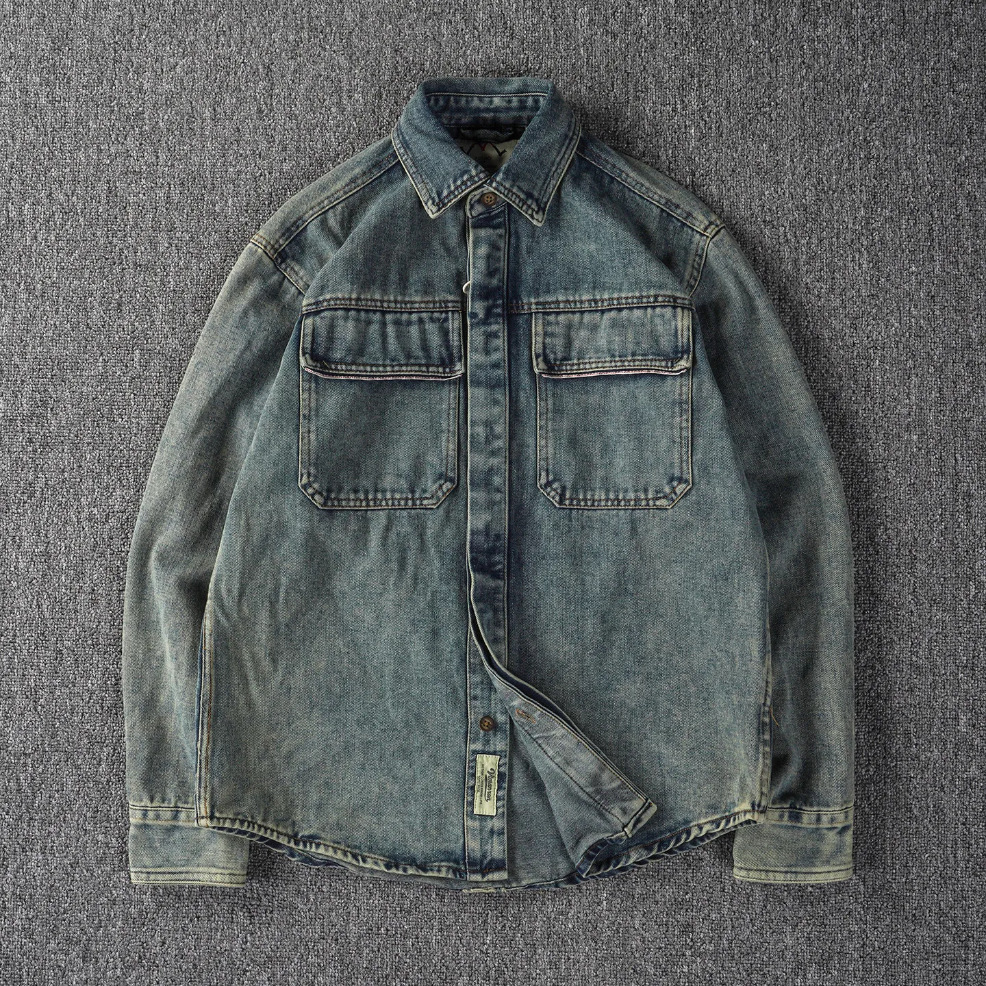 Nostalgic heavy washed old workwear denim long-sleeved shirt men's American retro trend splicing casual shirt jacket