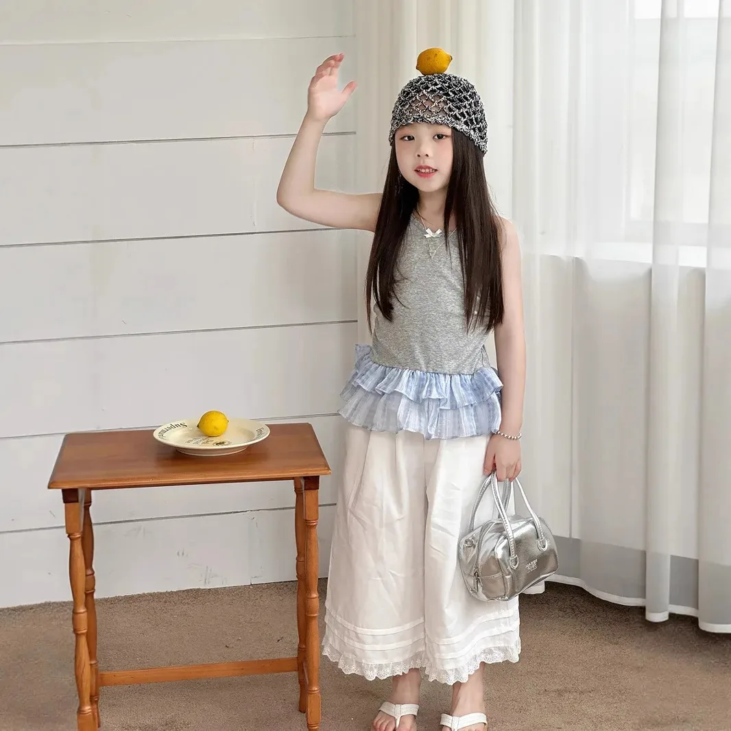 

Girl Pants 2025 Summer New Childrens Clothing Korean Style Girl Baby Pure White Lace Splicing Nine Minutes Pants Casual Simple