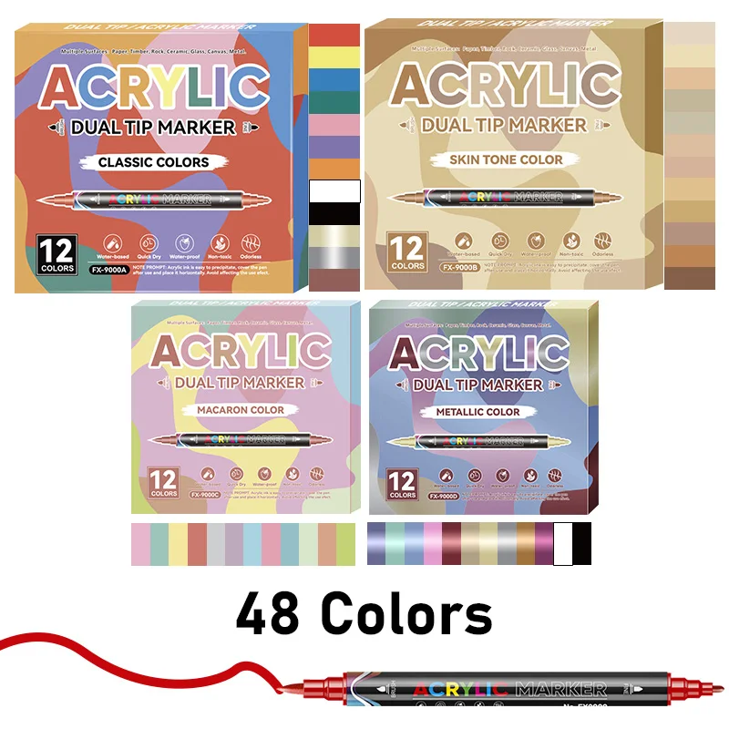 48 Colors Acrylic Paint Markers,Dual tips Dual Color for Rock Painting,Canvas,Glass,Ceramic,Fabric,Plastic,Soft Brush