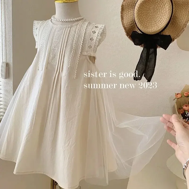 

Children Clothing Baby Girl 2023 Summer Beige Mesh Sleeveless Lace Vest Dress Princess Sweet Fashionable Girls Casual Dress