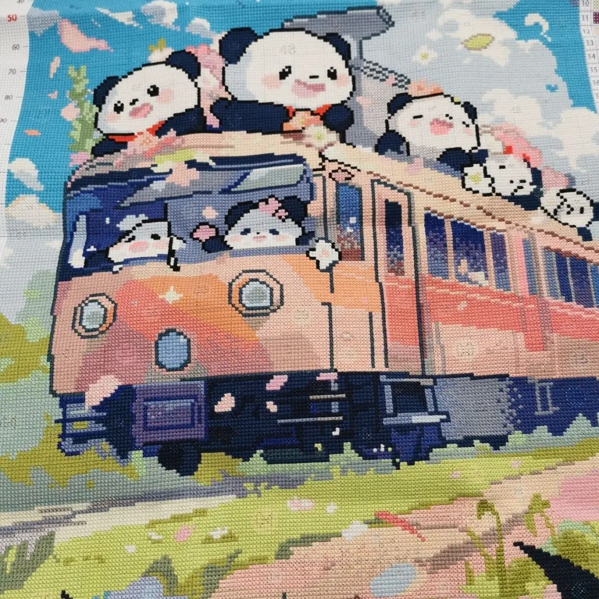 【 Handmade Cross Embroidery Finished Product 】 Panda Train Picture Heart Size 52 * 71 Cartoon Children's Room Cute Panda