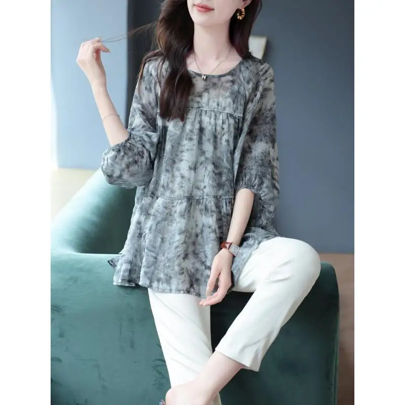 Vintage Printed Folds Lantern Sleeve Blouses Women\'s Clothing 2024 Spring Summer New Oversized Casual Tops Office Lady Shirts