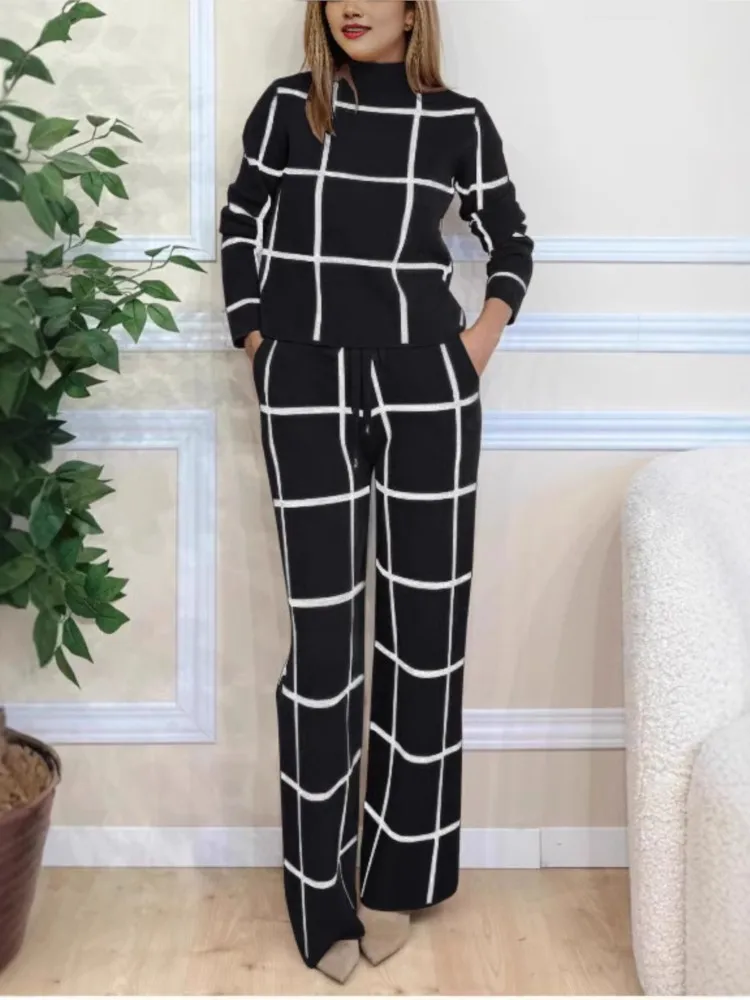 2 Piece Sets Outfit Workwear Elegant Plaid Print Top Long Pants Set For Women Office Wear Outfit With Half-high Collar Matching