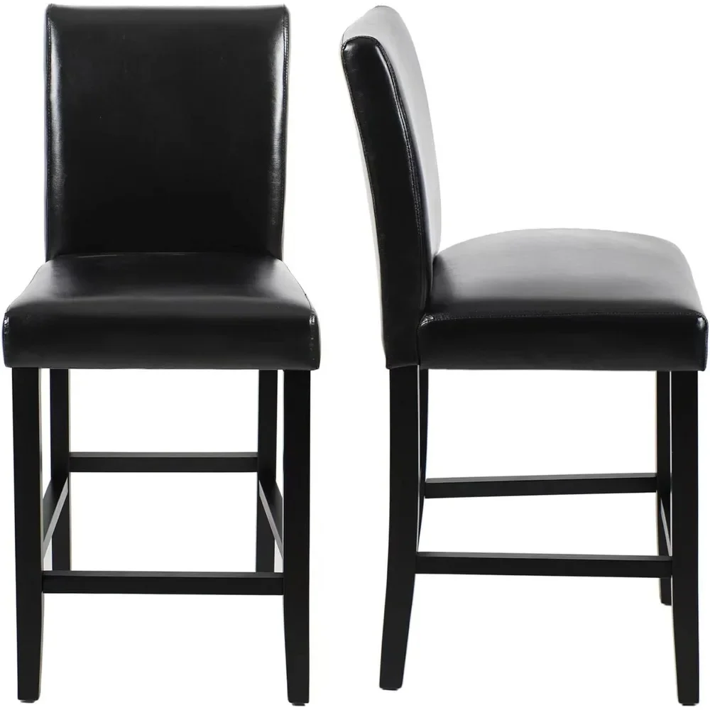 Set of 2 Classic 24 Inches Counter Height Stools Upholstered Bar Stools with Solid Wood Legs and Black Leather