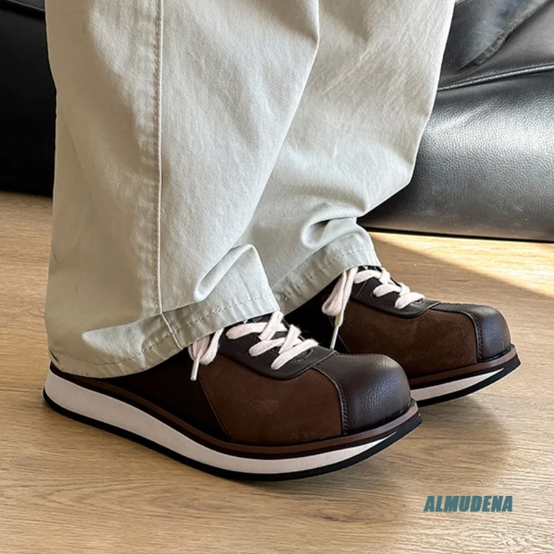 Brown Retro Casual Sneakers Men's Round Toe Lace-Up Thick Platform Street Style Minimalist All-Season Fashion Casual Shoes
