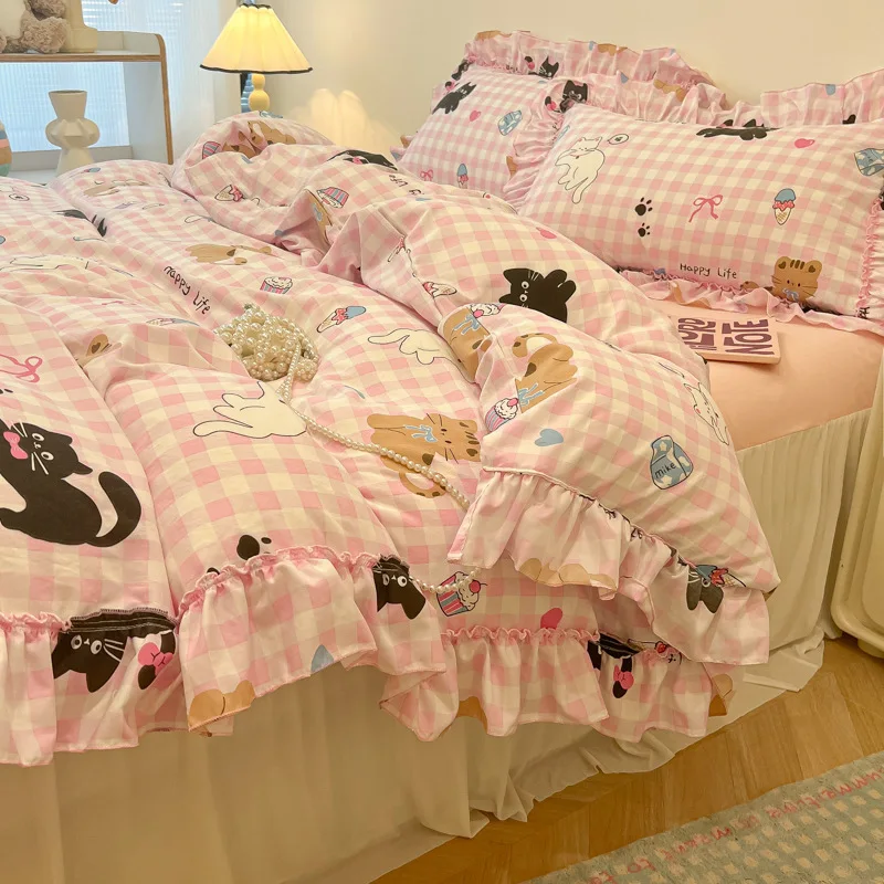 Pastoral Style Printed Lace Bedding Set Cozy Single Queen Quilt Cover Set Skin-Friendly Fitted Sheet Duvet Cover 2 Pillowcases