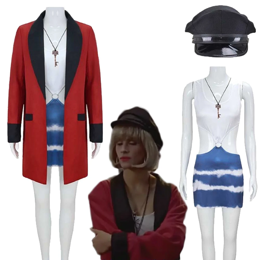 

Movie Pretty Woman Vivian Cosplay Costume Blue Dress Red Coat Black Hat Necklace Suits Halloween Roleplay Carnival Party Outfits