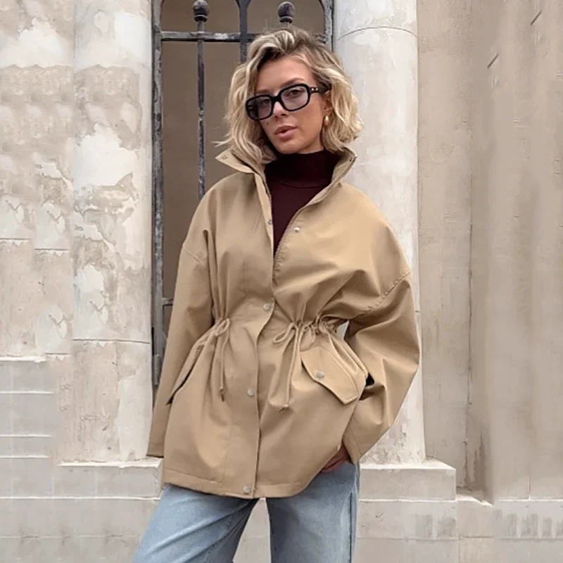 

French Office Lady Trench Coat Women 2025 Autumn Winter Fashion Khaki Belted Mid Length Zipper Jacket