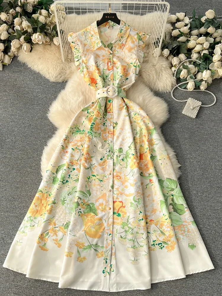 

Lusumily New Summer Long Holiday Dress Women Belt Vintage Party Dresses Lady Sleeveless Dress Elegant Female Casual Vestidos