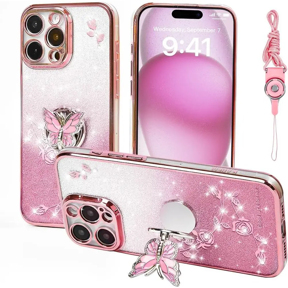 

or iPe 15 Pro (6.1 Inch) Pe Case,or Mobile Pe Case or Women and Girl, Glitter loral TPU Protective Cover with Kickstand+Strap or