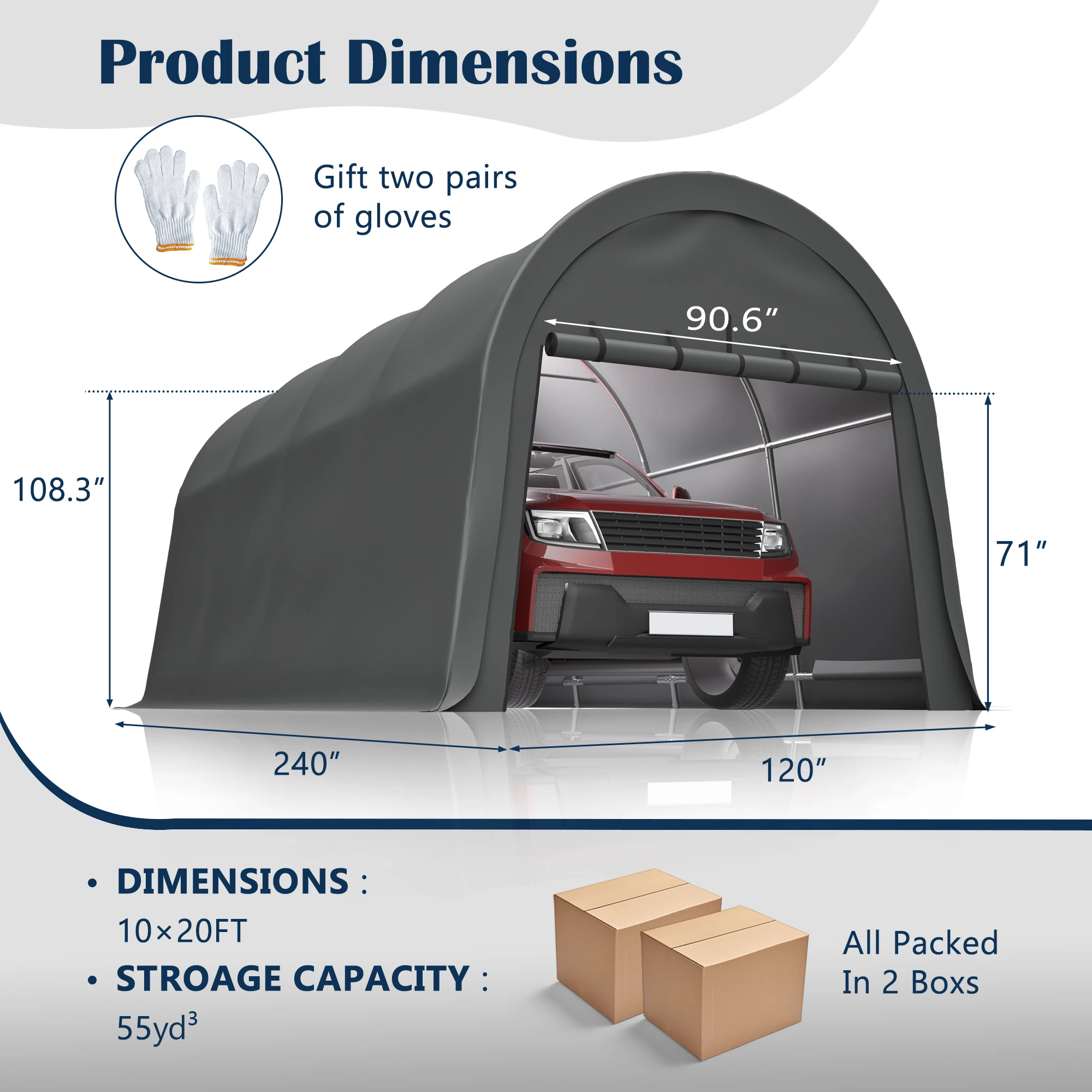 Heavy Duty Carport 10x20 ft 12x20 ft Waterproof Canopy Steel Frame Vented Roof Anti Snow Portable Garage Cars Boats RV Gray view 3