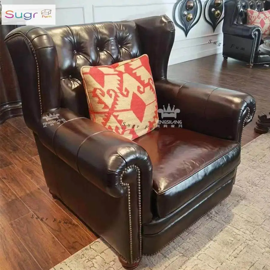 Leather sofa chair, living room bar, oil wax leather cigar bar, club top layer cowhide pull-up sofa