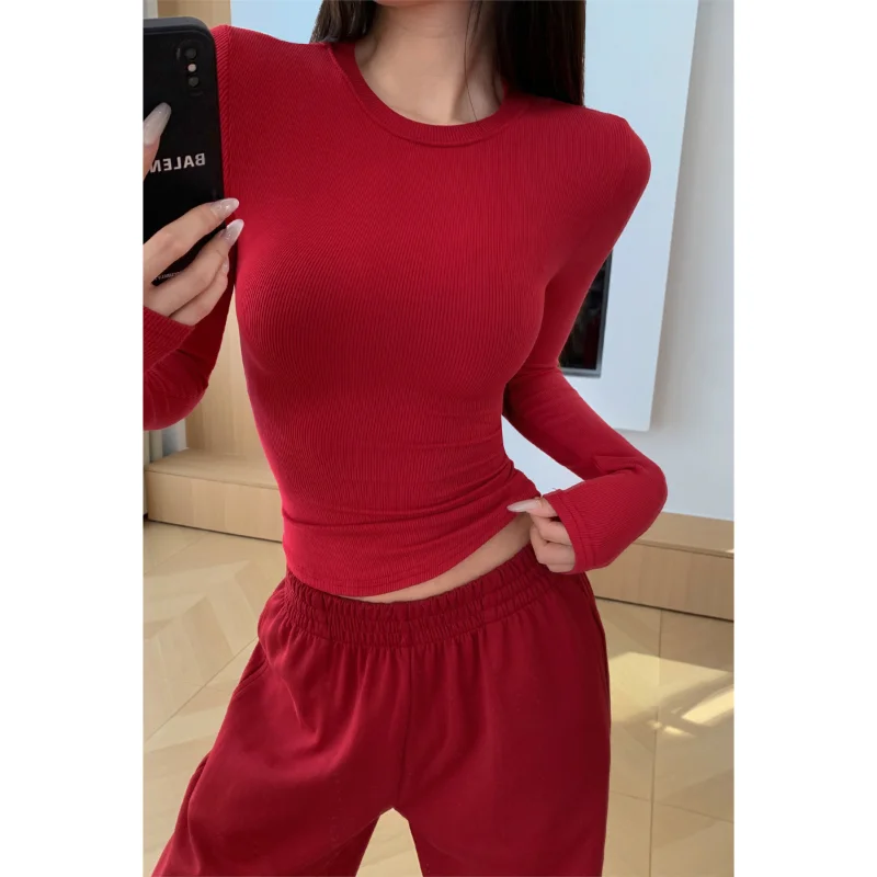 

Zhang Zi Sexy Slim Fit Long Sleeve round Neck T-Shirt Women's Fashionable Base Shirt Red Top Casual Wear for Adults