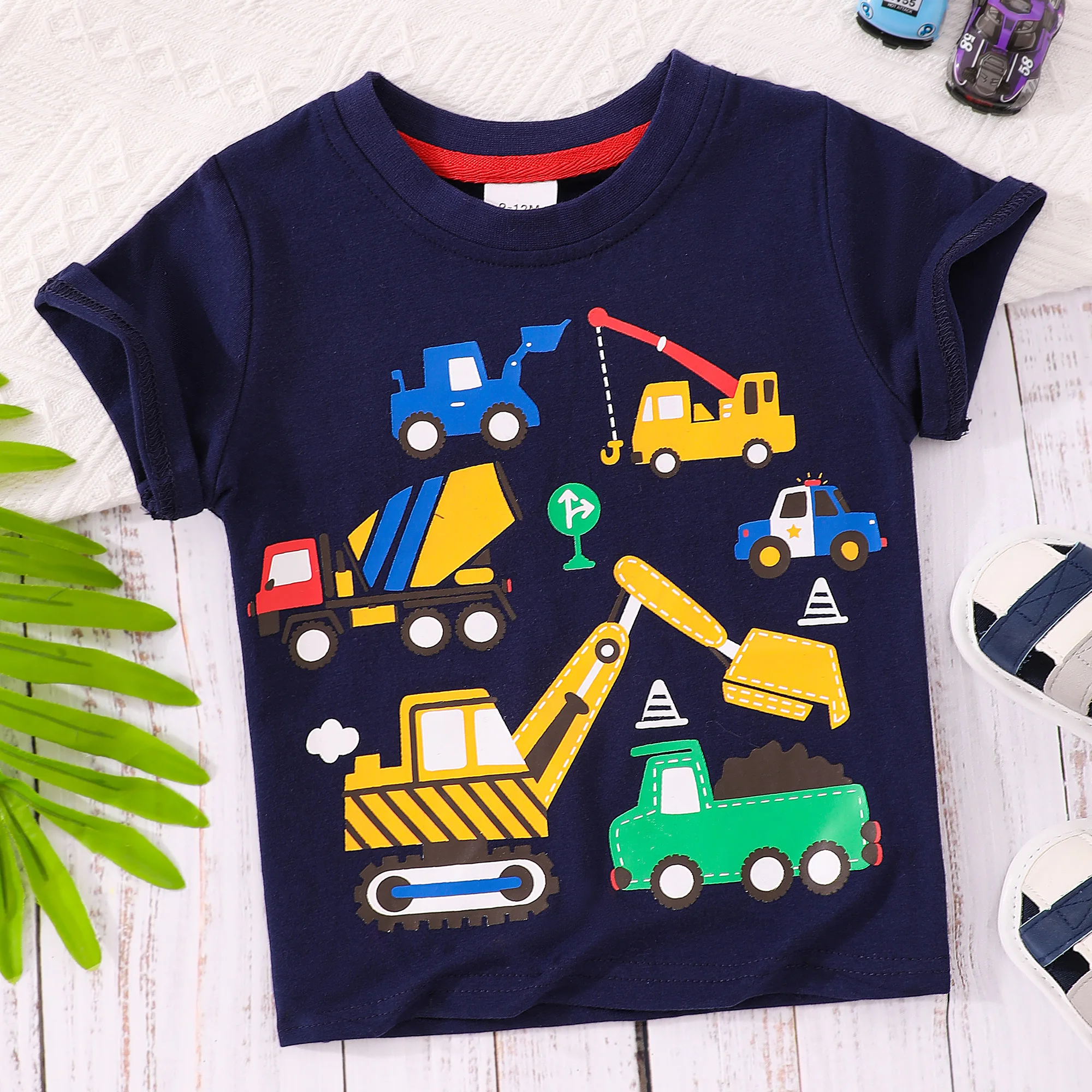 Construction Excavator Print Boys Creative T-shirt, Casual Lightweight Comfy Short Sleeve Tee Tops, Kids Clothings For Summer