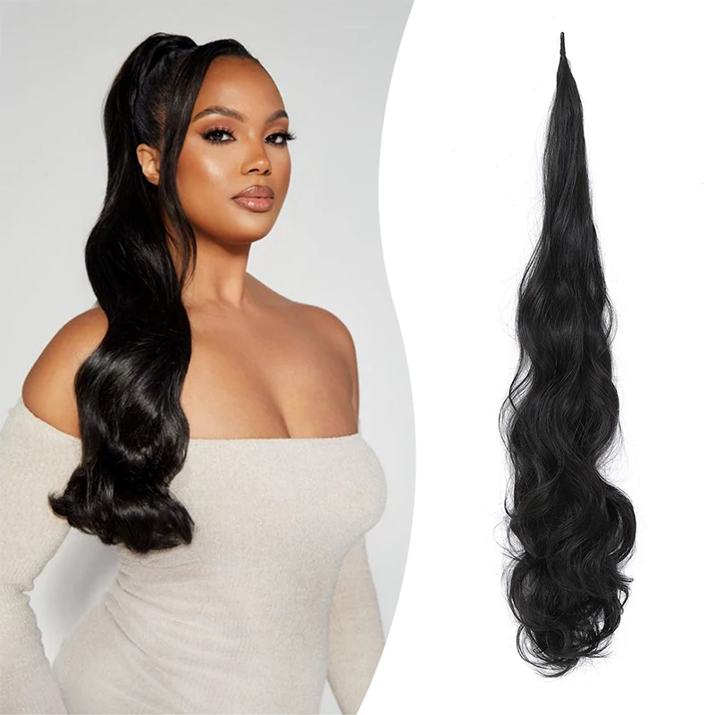 Long Wave Curly Flexible Wrap Around PonyTail Hair Extensions Synthetic Black Hairpiece Fake Tail 32inch Natural Wavy Horse Tail