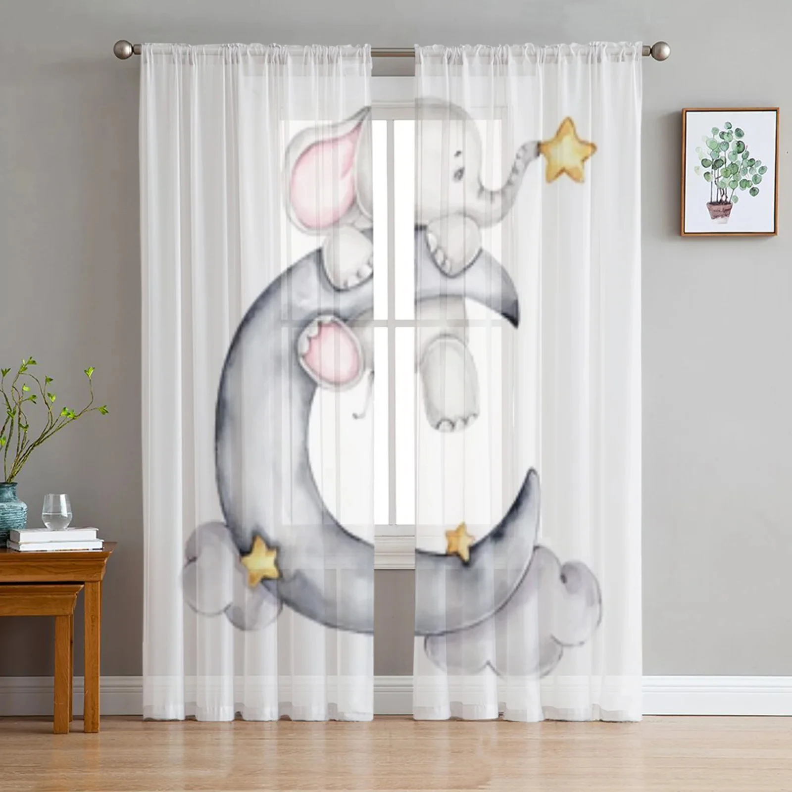 

Little Elephant With Star And Moon Sheer Curtains For Living Room Window Transparent Voile Tulle Curtain Bedroom Drapes