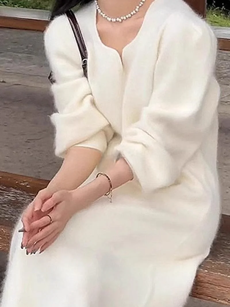 

Elegant White Sweater Dress for Women Rouje Kefss Brand Autumn Winter New Style Gentle Wind Long Sleeve Other Material