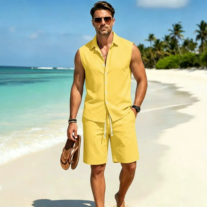 

UNITIM Summer Men 2-piece Set Single-breasted Sleeveless Shirts Man Loose Straight Shorts Male Thin Vacation Beach Casual Outfit