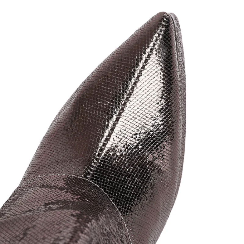 2023 New Pointed Thick Heel Knee Length Boots 35-43 Shiny Street Singer Performance Women's Boots Car Model Fashion Silver Boots