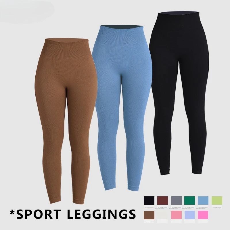 

Mileegirl Seamless Ribbed Yoga Pants High Waist Sports Leggings Solid Color Gym Fitness Tights Elastic Breathable Workout Pants
