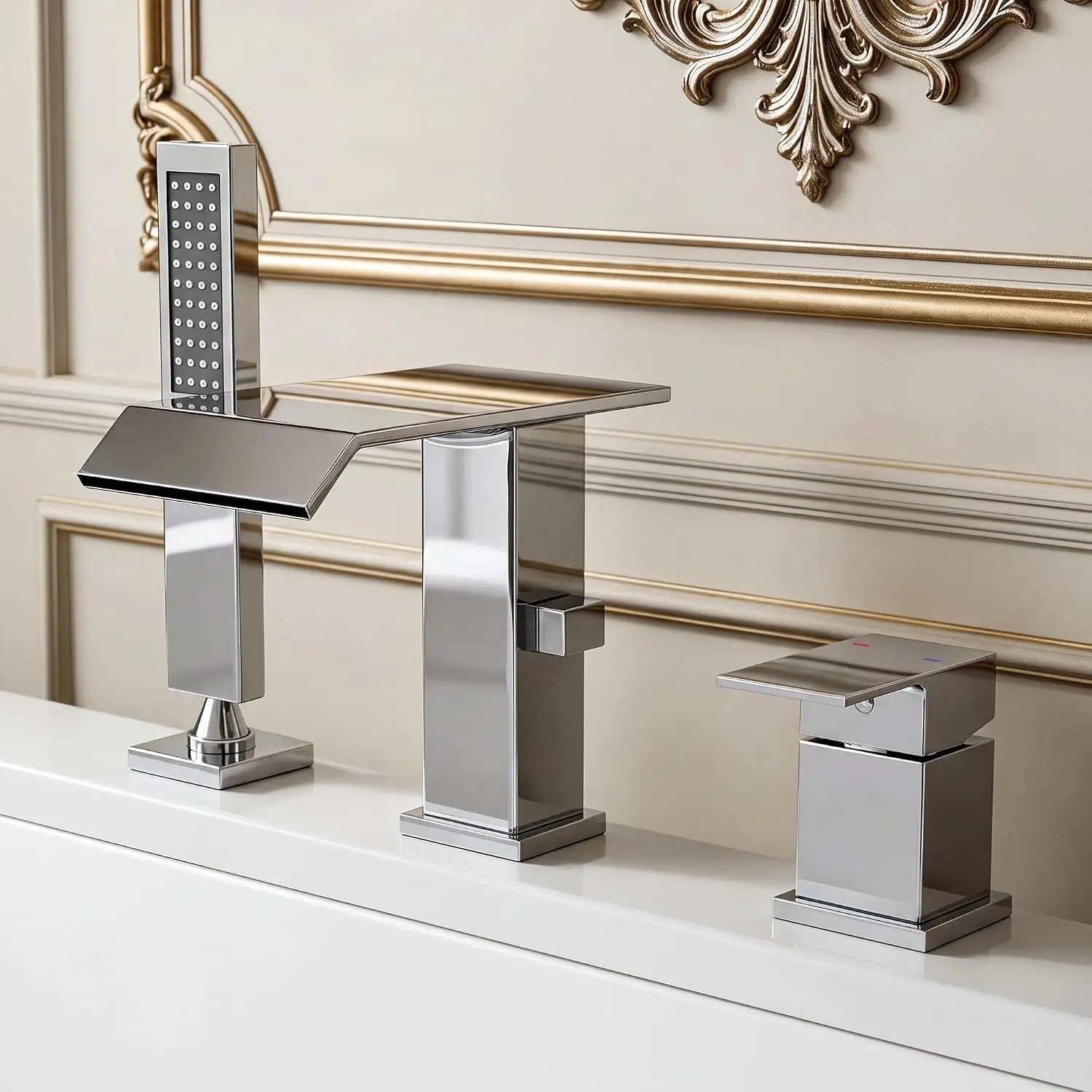 Waterfall Roman Tub Faucet with Handheld Shower, Deck Mount Bathtub Faucet 3-Hole, Chrome High Flow Tub Filler With 8GPM